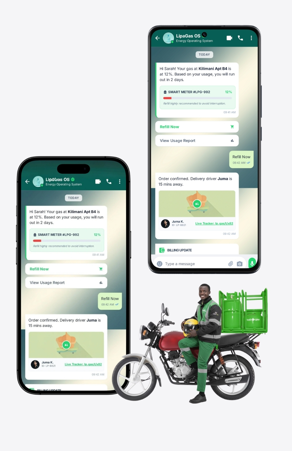 Bulk Energy Supply with Lipagas app, next to rider with delivery app open