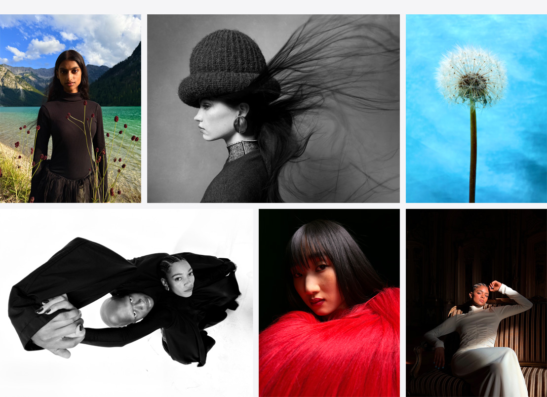 Series of LipaGas Energy photos, woman standing in front of body of water and mountain landscape, side profile of a woman with a hat and flowing scarf, close-up of dandelion flower, wide-angle black-and-white photo of two people embracing, close-up of a woman wearing a bright red top, close-up of woman sitting in a chair basking in sunlight