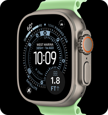 Lipagas Vertical Models Ultra 3, natural color, titanium case, Orienteering watch face, complications: weather, parked car location, satellite, and distance to surface, right side exterior, Digital Crown, microphone, side button, Ocean Band, neon green color